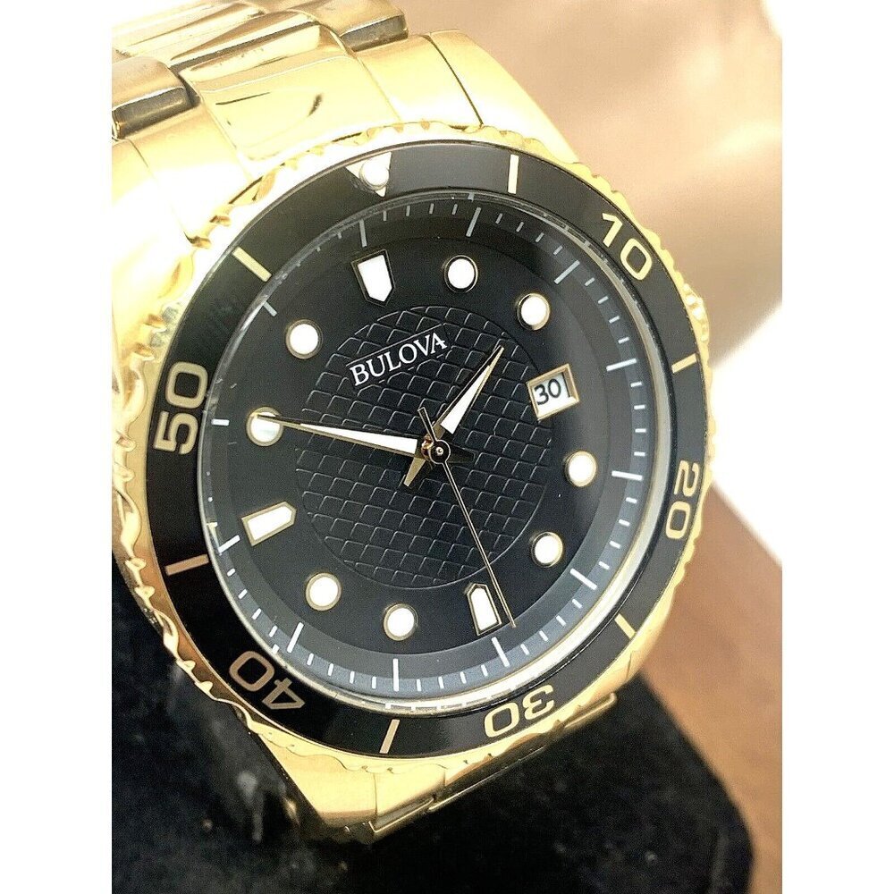Bulova Men's Watch 98B375 Quartz Black Dial Date Gold Stainless Steel 43…